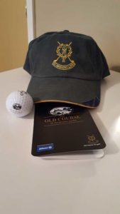 Picture of our St. Andrews Souvenirs (hat, golf ball, and scorecard)